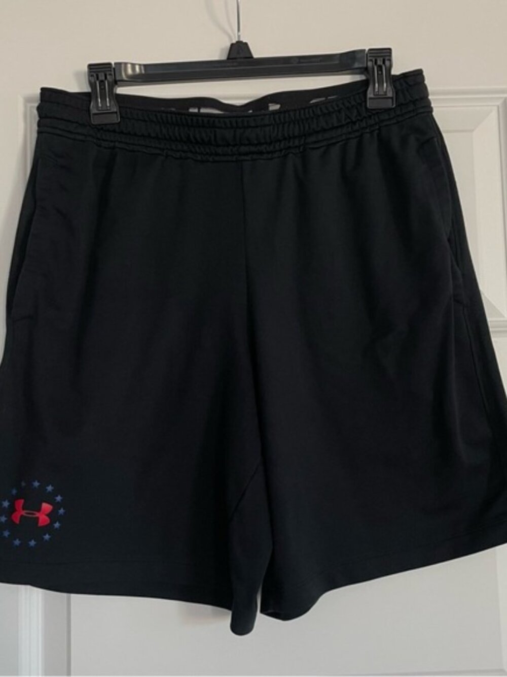 Under Armour Black Athletic Shorts with Red & Blue Logo Fitted Heat Gear